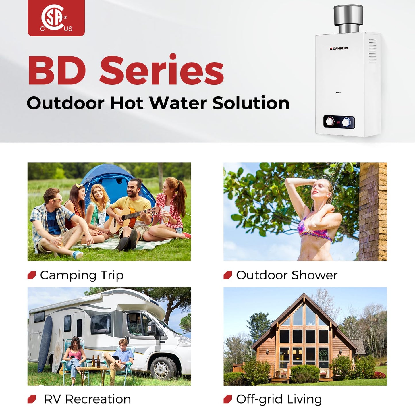 CAMPLUX 2.64 GPM Portable Tankless Water Heater, Outdoor Propane Water Heater with 4.33" S/S Rain Cap, for Camping, Cabin, Windproof Design, 68,000 BTU, BD264C