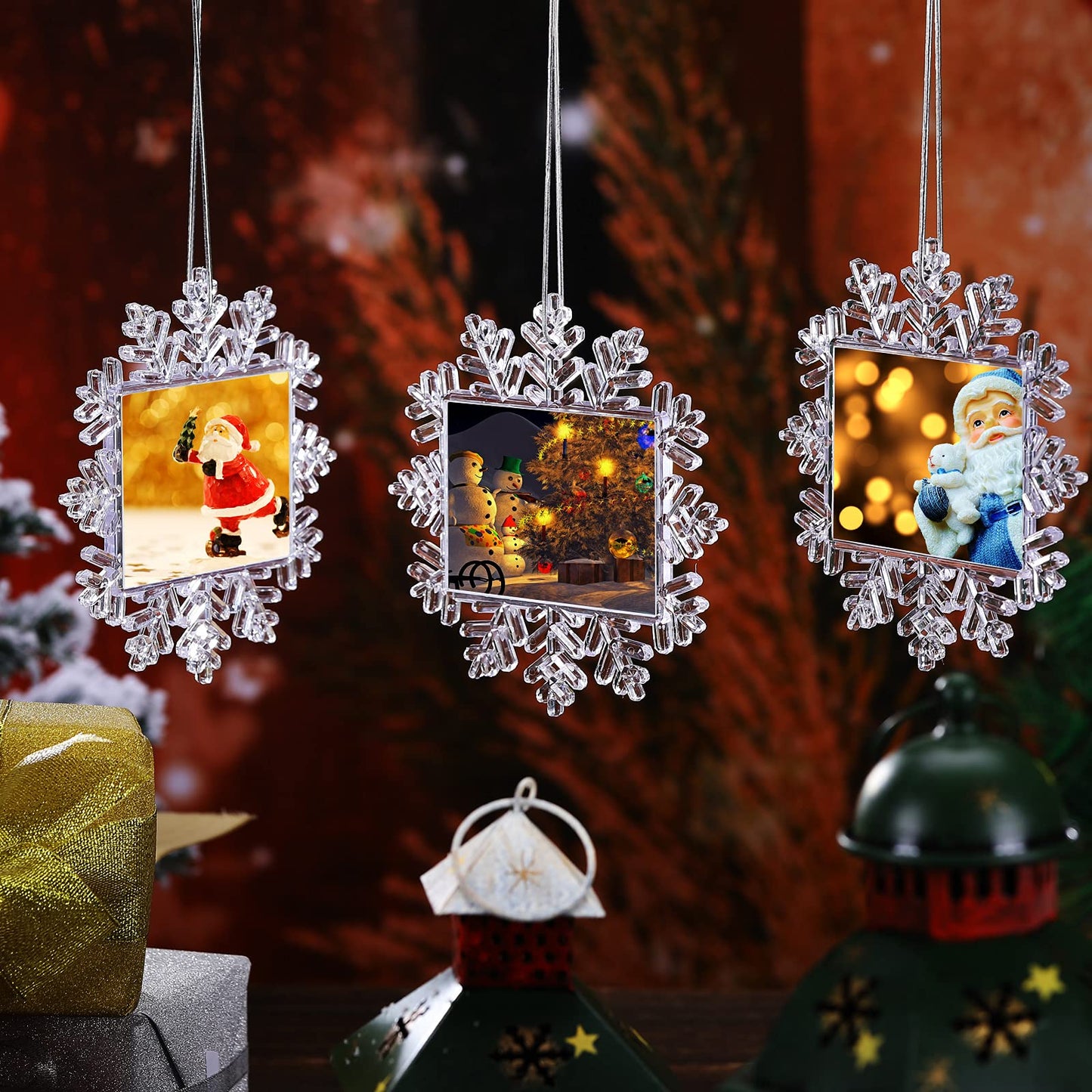 Yookeer 3 Pcs Christmas Snowflake Hanging Photo Frame Snowflake Ornaments Xmas Picture Ornaments Christmas Acrylic Photo Decorations Picture Frame for Xmas Tree (Classic)