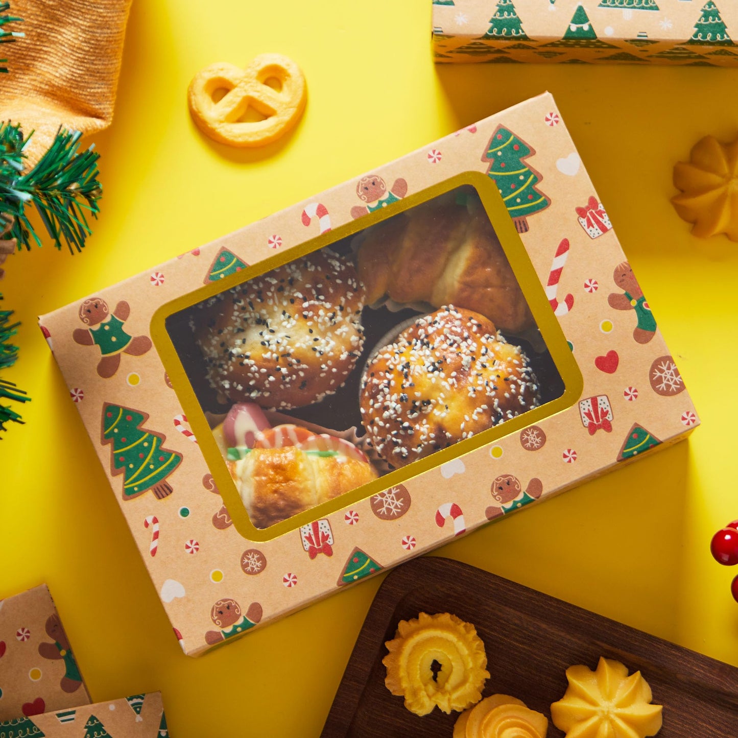 JOYIN 12 PCS Foiled Christmas Cookie Boxes for Gift Giving, 8.75" x 5.75" x 2.75” Bakery Boxes with Window, 3 Design Brown Kraft Cardboard Treat Box for Xmas Holiday Pastries Cupcakes Doughnut Wrap