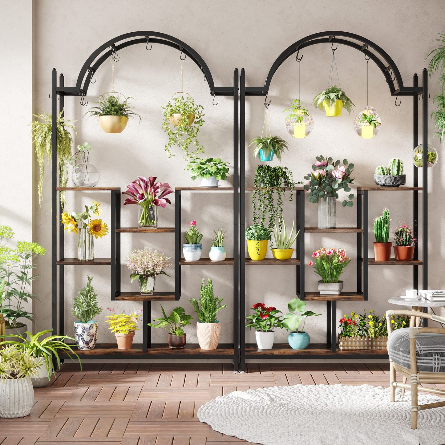 Tribesigns 5-Tier Tall Indoor Plant Stand, 74.8'' Arched Metal Flower Shelf with Hanging Hooks, Large Bonsai Pots Display Rack for Indoor, Balcony, Living Room