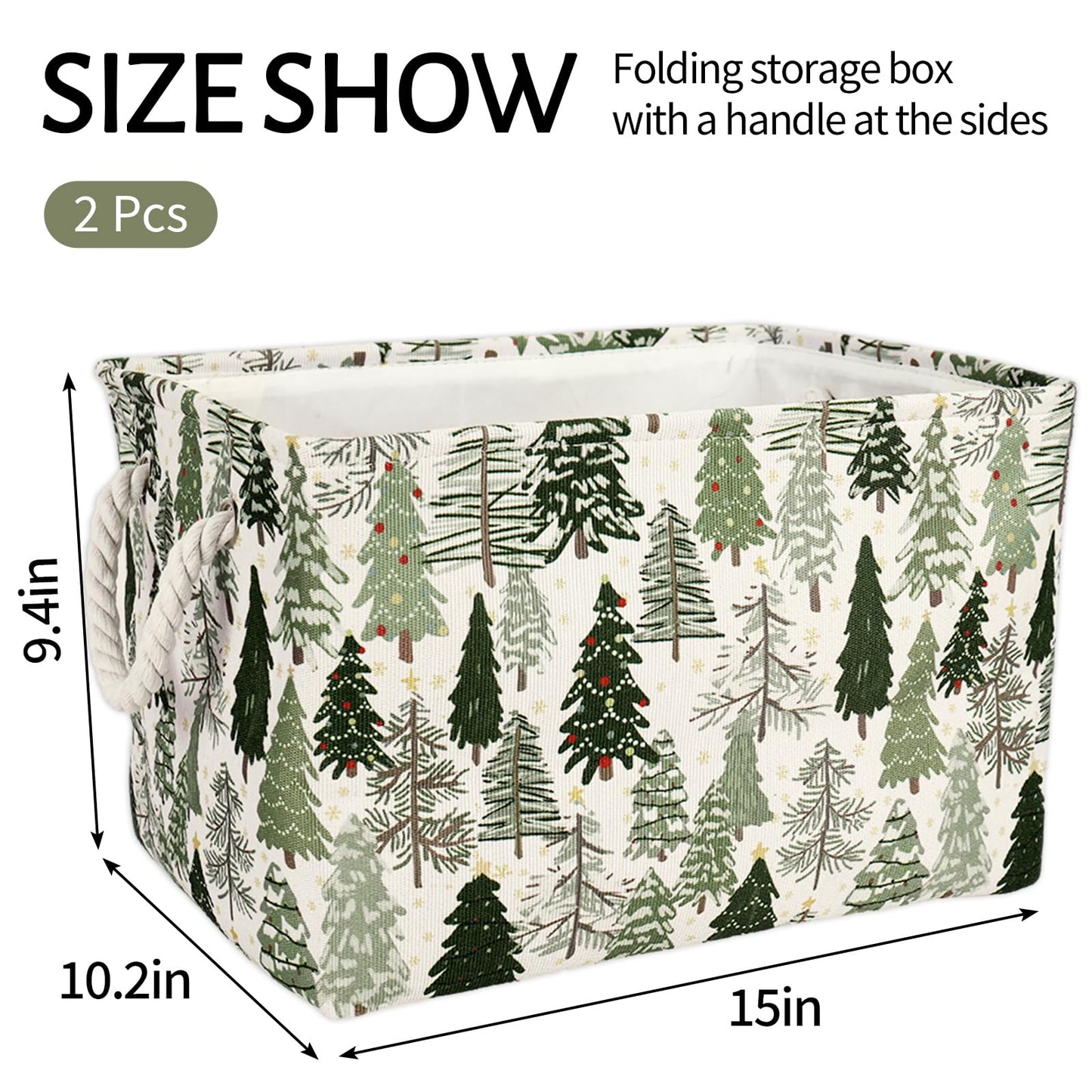 JarThenaAMCS 2Pcs Christmas Rectangle Storage Basket 15 x 10.2 x 9.4 In Xmas Pine Tree Foldable Open Toy Organizer Bag with Handle Large Laundry Dirty Cloth Storage Bin for Bedroom Shelves Closet