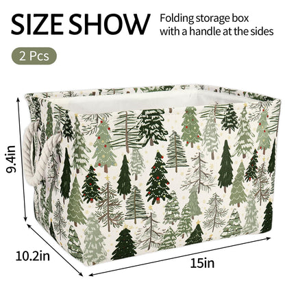 JarThenaAMCS 2Pcs Christmas Rectangle Storage Basket 15 x 10.2 x 9.4 In Xmas Pine Tree Foldable Open Toy Organizer Bag with Handle Large Laundry Dirty Cloth Storage Bin for Bedroom Shelves Closet