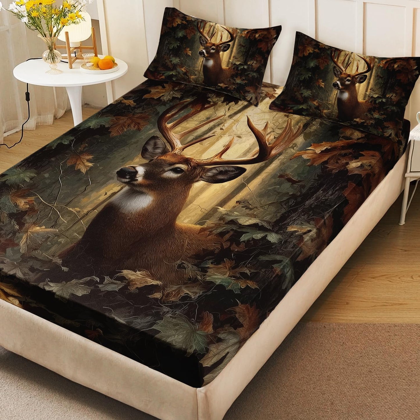 HOSIMA Deer Twin Fitted Sheet for Kids,Lightweight Brown Animal Bedding for Teens Boys Room Decor,Hunting Themed Forest Deer Bedding,1 Fitted Sheet+2 Pillowcases.
