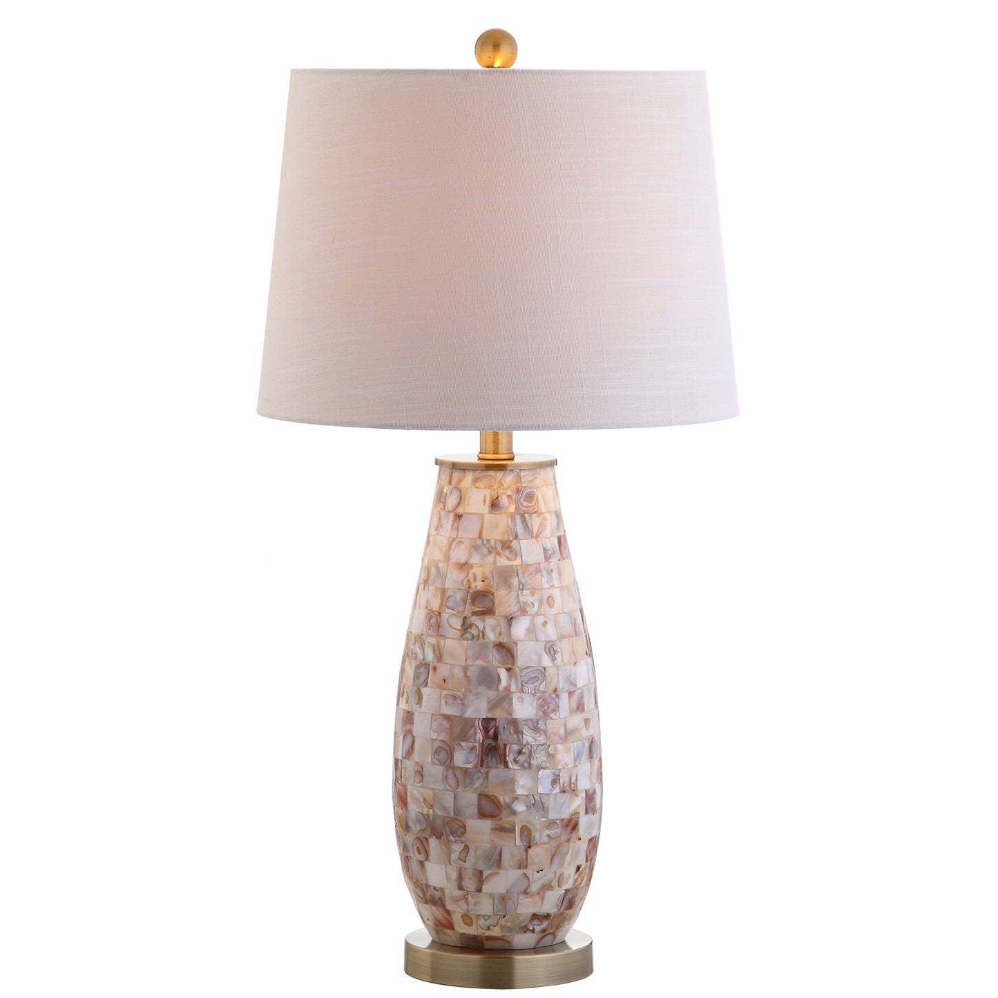 JONATHAN Y 28" Natural Mosaic Seashell Table Lamp, Coastal Contemporary Resin Lamp for Living Room Bedroom, White Linen Shade, Brass Gold Accents, LED Bulb Included JYL4005A