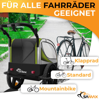 SAMAX Children Bike Trailer 2in1 Kids Jogger Stroller with Suspension 360° rotatable Childs Bicycle Trailer Transport Buggy Carrier for 2 Kids in Green - Black Frame