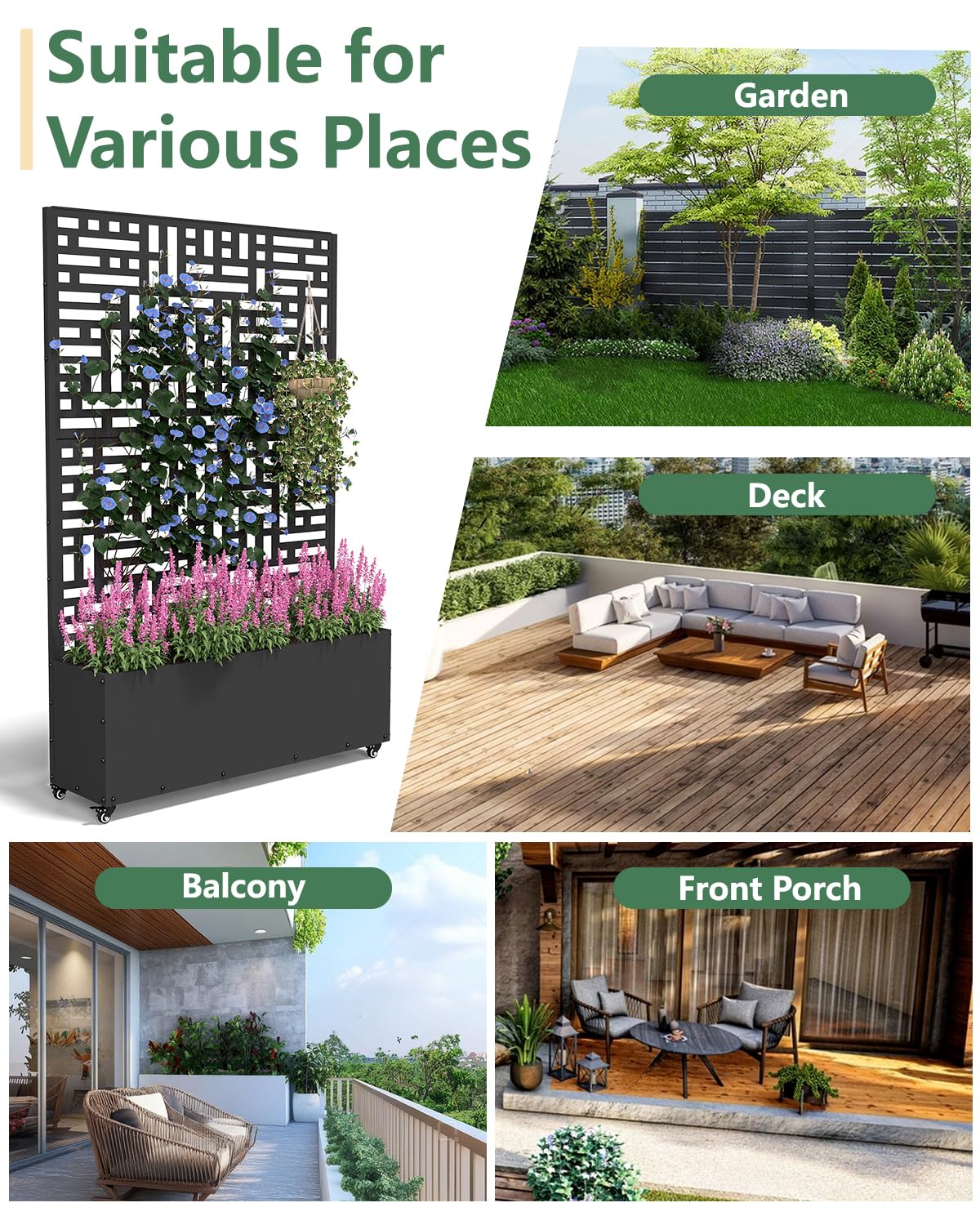 FOLAWO Metal Planter Box with Trellis,70.9"x47.2"x15.7" Raised Garden Bed with Drainage Holes, Privacy Planters for Outdoor Garden Bed for Climbing Plants,Vegetables,and Vines,2PCS,Black-Modular