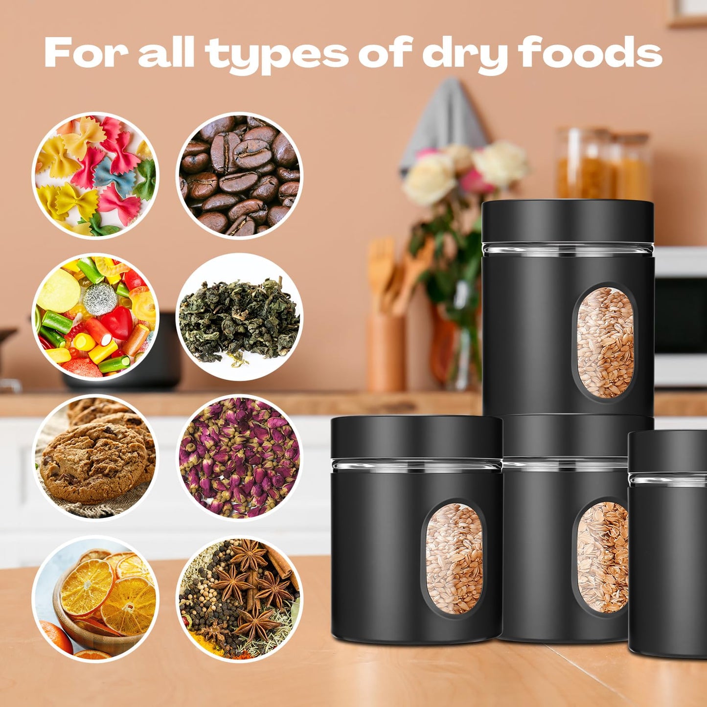 Patelai 6 Pack Kitchen Canisters Set 20 oz Airtight Stainless Steel Canister Food Storage Container with Window Glass, Coffee Sugar Candy Jars Tea Organizer for Flour Cookies Spice Kitchen (Black)