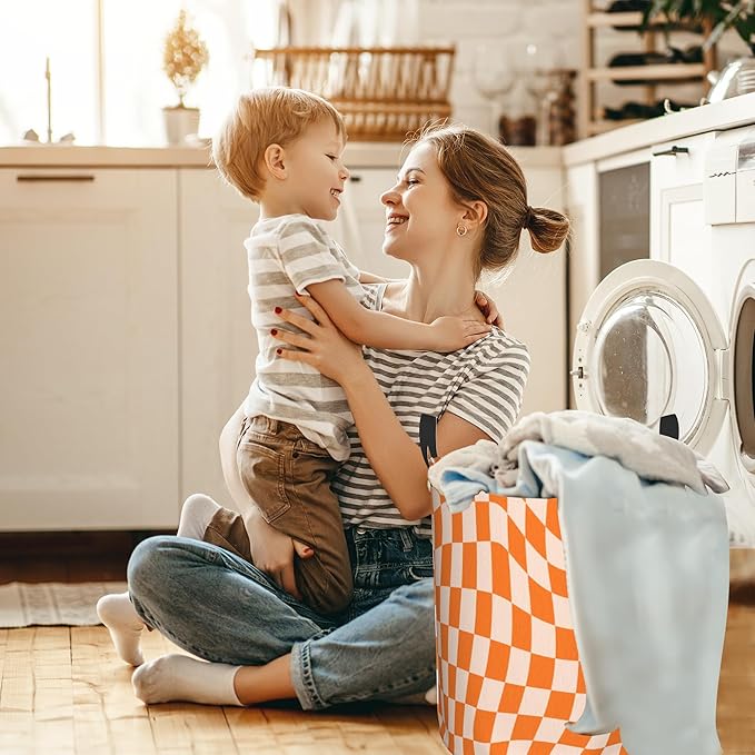 Groovy Retro Wavy Checkered Orange Laundry Basket, Waterproof Foldable Laundry