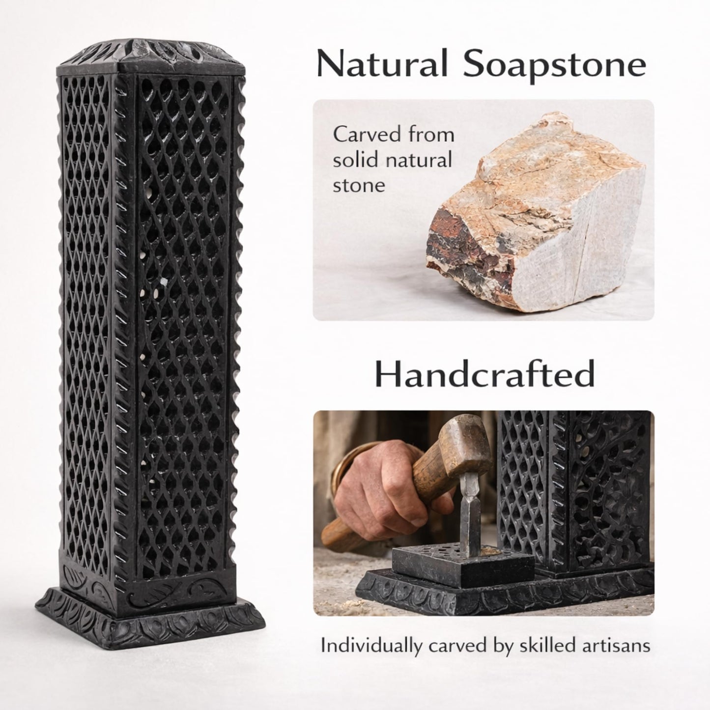 KC KULLICRAFT Handmade Marble Black Soapstone Incense Stick Burner | Candle Stick Holder | Tea Light Burner - Perfect Jaali Carving for Gifting. Decorative Home and Kitchen Decor (3 x 3 x 11 Inches).