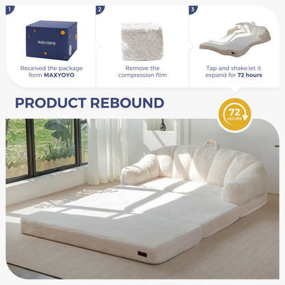 MAXYOYO Folding Sofa Bed, 2 in 1 Convertible Sofa to Lounger Comfy Loveseat Bean Bag Chair for Adults, Floor Couch with Handle, Faux Fur Couch Bed for Living Room Bedroom, Beige, Loveseat