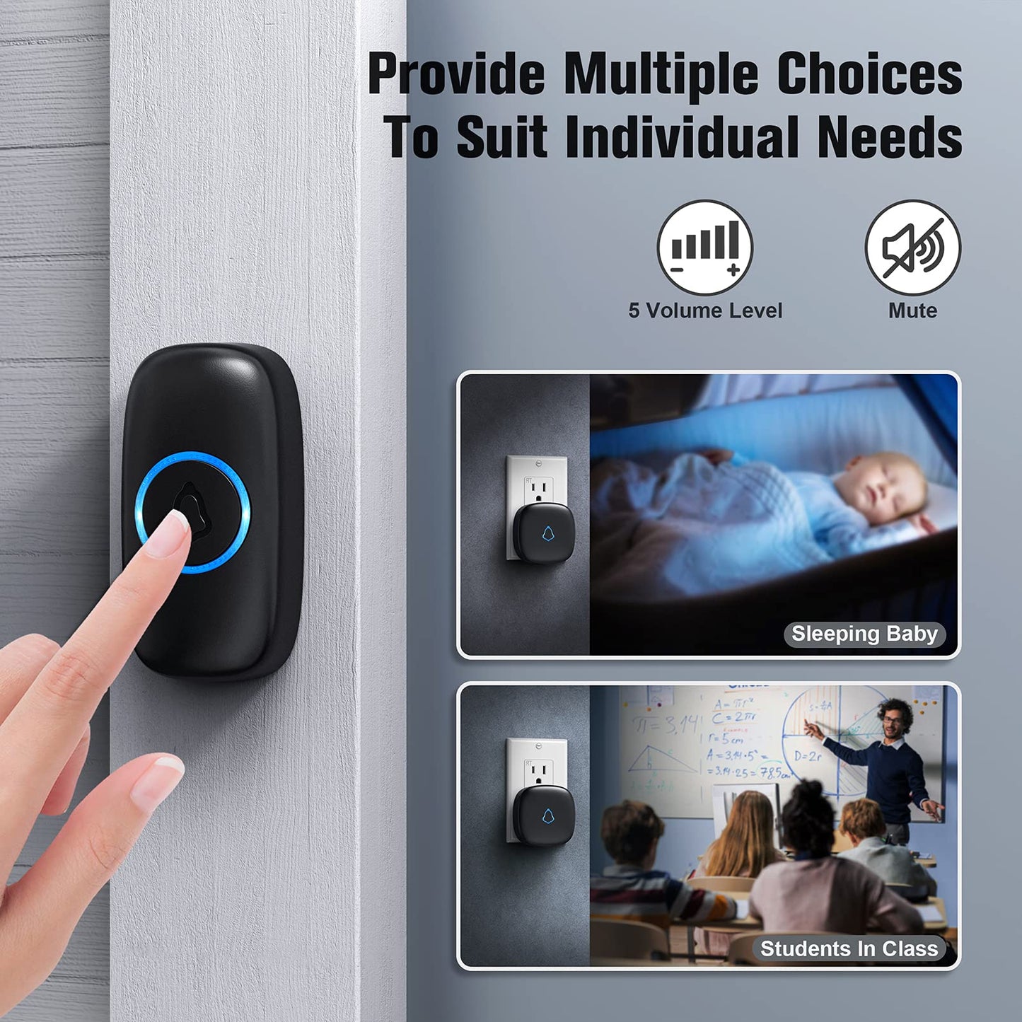 SECRUI Wireless Doorbell, Easy installation, Waterproof, Adjustable Volume, 58 Chimes, Colorful LED, 1000Ft Range, M520+F55, Black