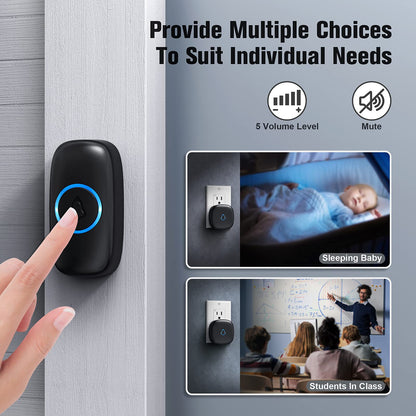 SECRUI Wireless Doorbell, Easy installation, Waterproof, Adjustable Volume, 58 Chimes, Colorful LED, 1000Ft Range, M520+F55, Black