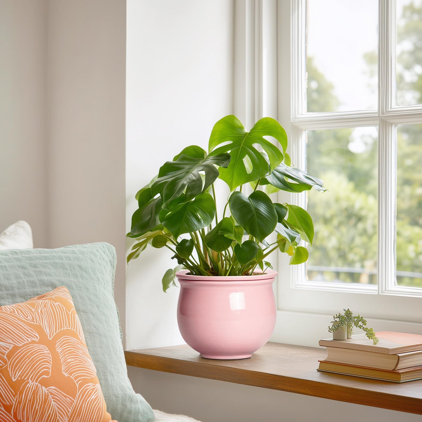 Teagas African Violet Pots, 6 Inch Ceramic Easy Self Watering Pots with Absorbent Inner Pot, Round Ceramic Planter for Indoor Plants, Small Flower Pot, Home Decor, Gifts for Plant Lovers, Pink