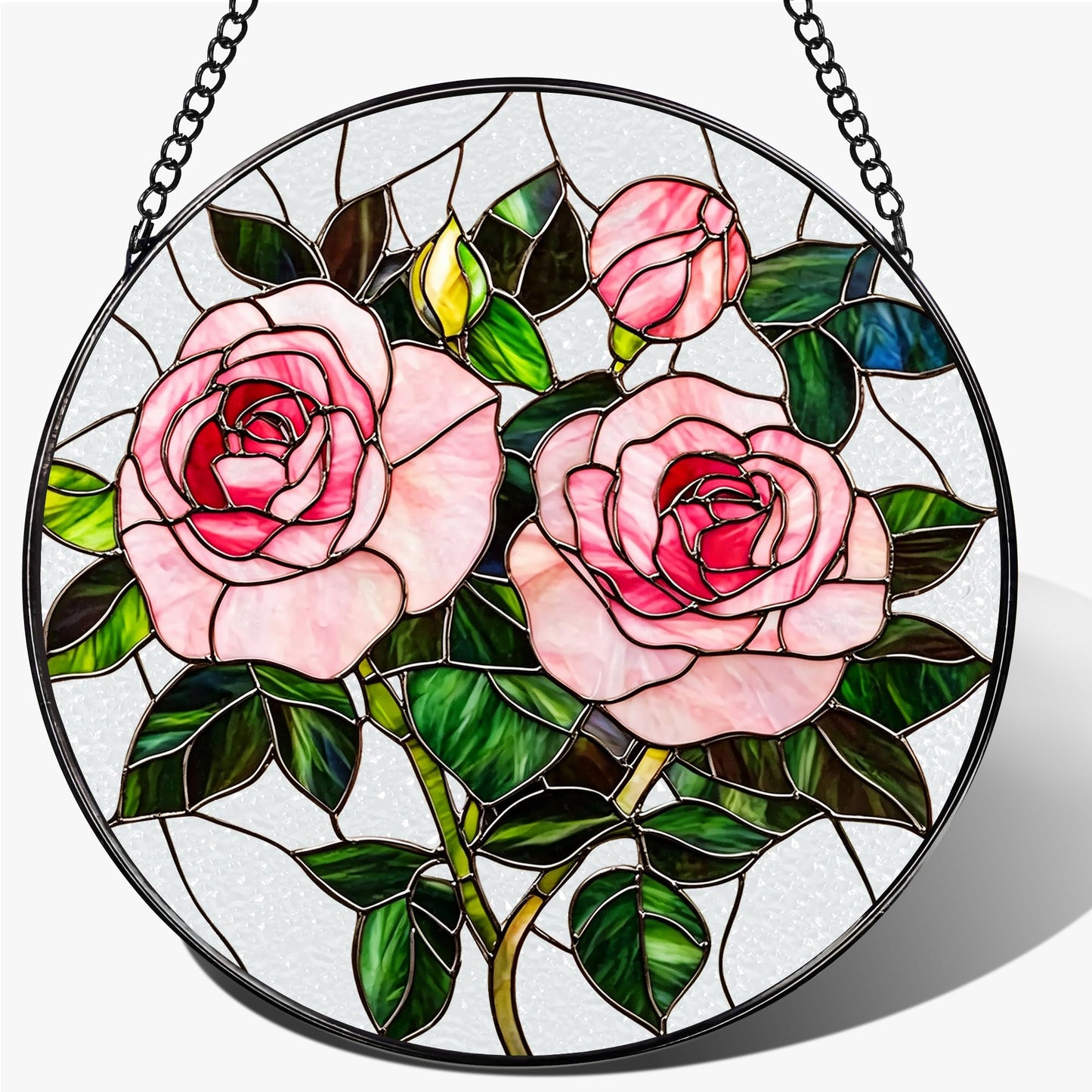 Stained Glass Window Hanging, 7.8 Inch Pink Rose Stained Glass Suncatcher Ornament, Floral Window Hanging Sun Catcher for Indoor Window, Flower Lover Gift, Gifts for Mom, Grandma, Friends & Sisters