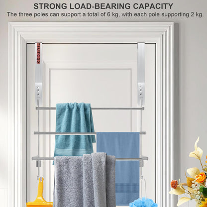 TIUTCOX Over The Door Towel Rack, 304 Stainless Steel Towel Racks for Bathroom with 3-Tier Adjustable Pole, 2 Punch-Free Screw Stickers, 22.83 * 17.71-29.52 * 6.14 Inch, Silver