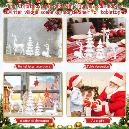 4-Piece White Christmas Tree Figurines and Resin Elk Sculpture Winter Reindeer Decor Resin Christmas Trees,Tabletop Tree Artificial Animal Crafts for Indoor Home Decor,Tabletop Mantle Cabinet Desktop
