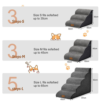 Wide Dog Steps Stairs for Bed 5 Steps 62 cm High for Dogs, Dog Ramp High Density Foam Pet Stairs Washable Cover and Non-Slip Base 40 x 87 x 62 cm