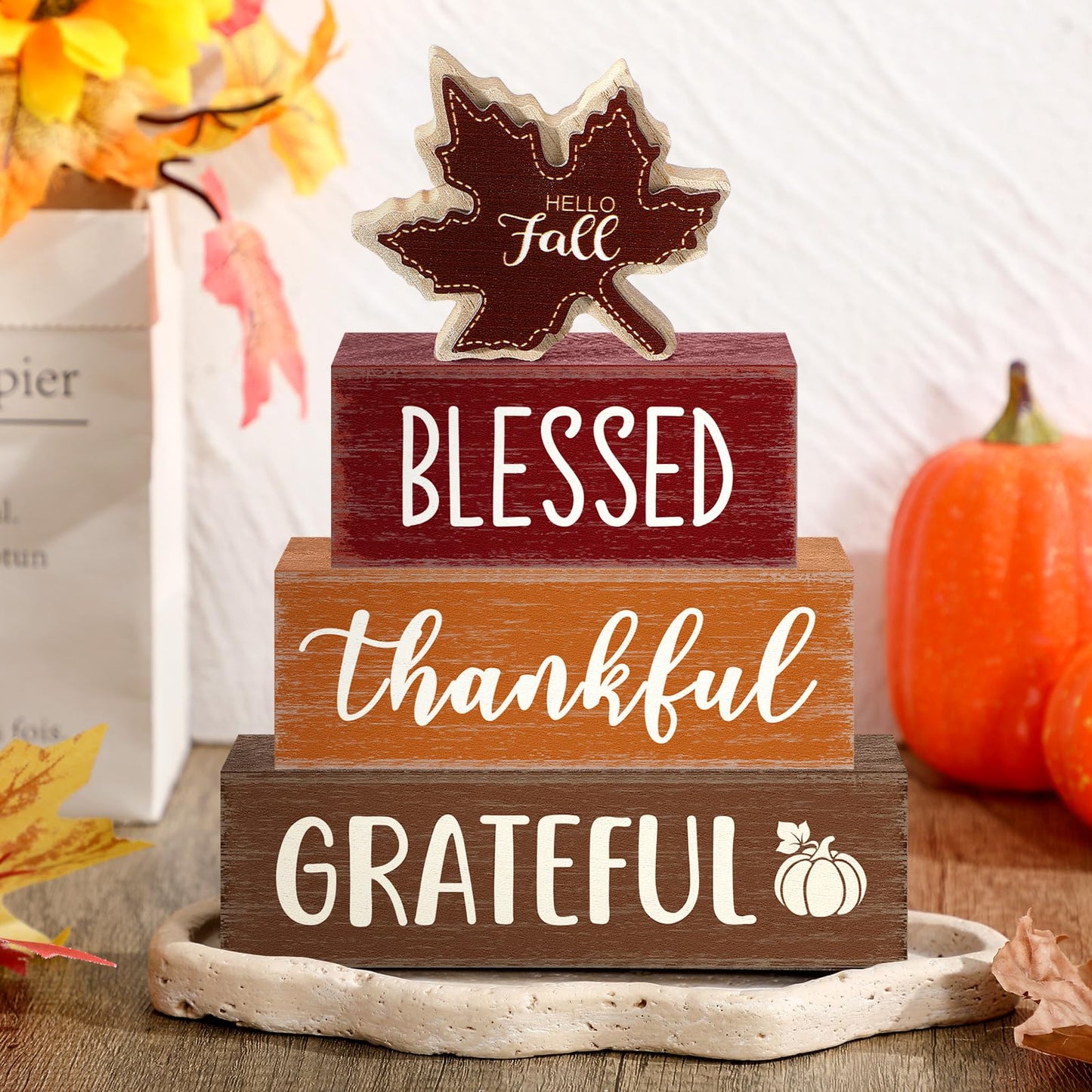 Yousoontic 4 Pcs Hello Fall Wooden Table Decorations Maple Leaf Autumn Rustic Block Signs Centerpiece Tiered Tray Decor Thanksgiving Wood Farmhouse Tabletop Decor Gift for Kitchen Entryway Home Desk