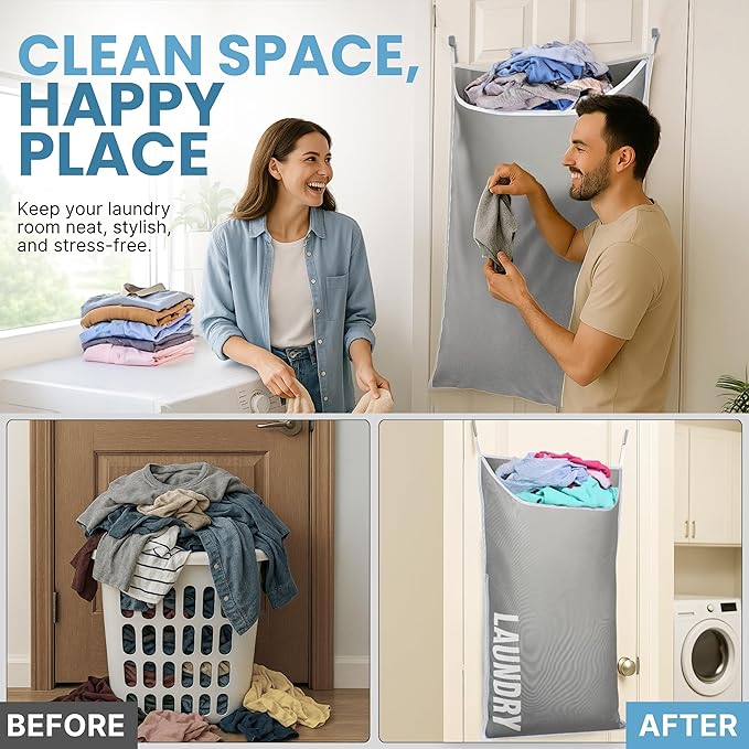 Hanging Laundry Hamper Bag XL 40x22", Space Saving over the Door Storage Bags