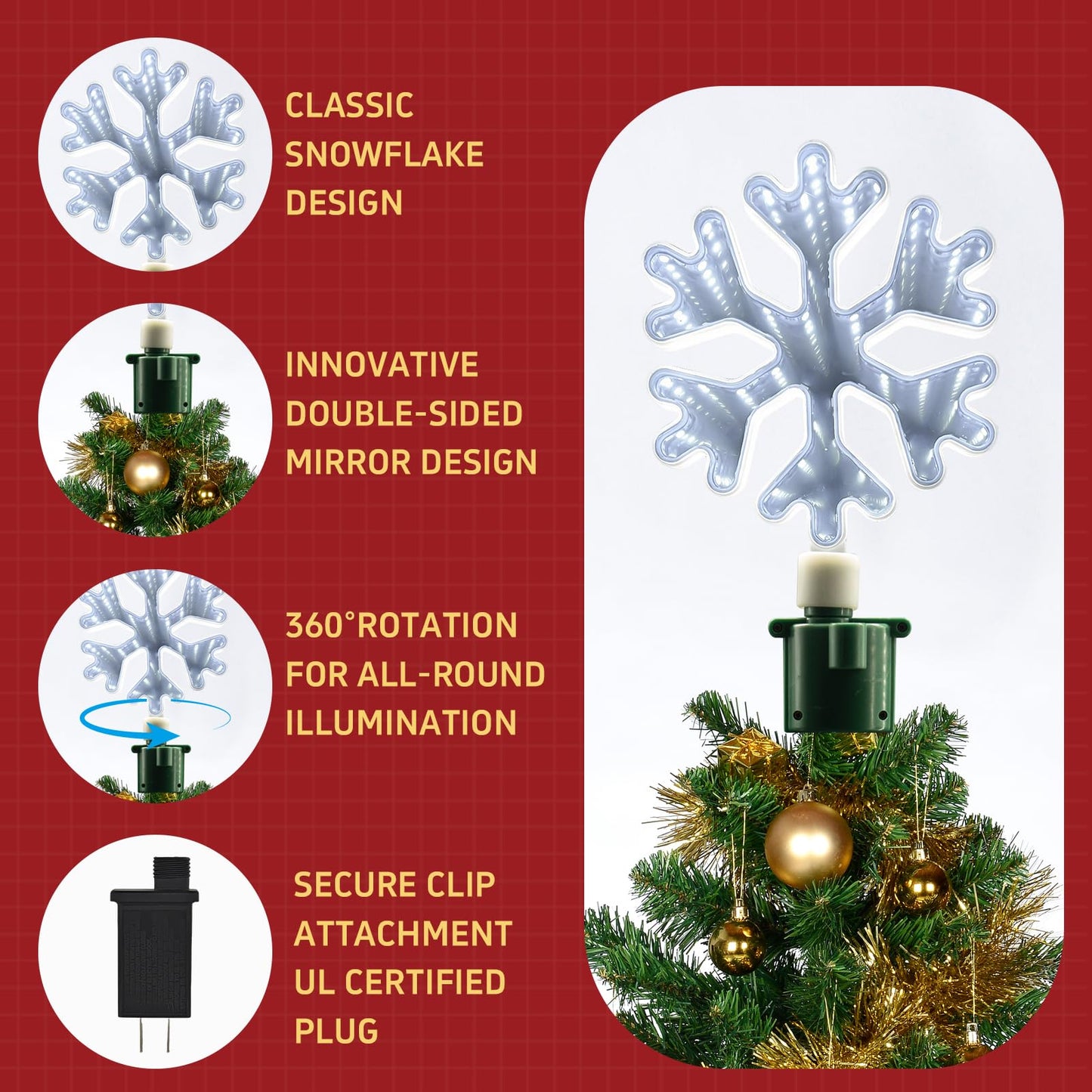 Christmas Tree Topper Lighted with White LED Lights, 360° Rotating Snowflake Tree Topper Ornament with Clip, Infinity Mirror Tree Topper Snowflake for Xmas Party Holiday Christmas Decorations