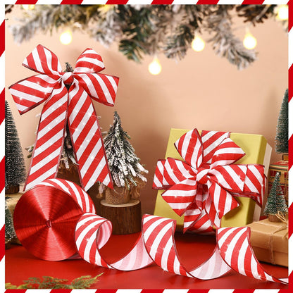 Waydress 2 Rolls Christmas Peppermint Stripe Ribbon Glitter Wired Candy Cane Fabric Wrapping DIY Craft Wide Ribbons for Christmas Tree Bow Wreath(2.5 Inch X 50 Yard)