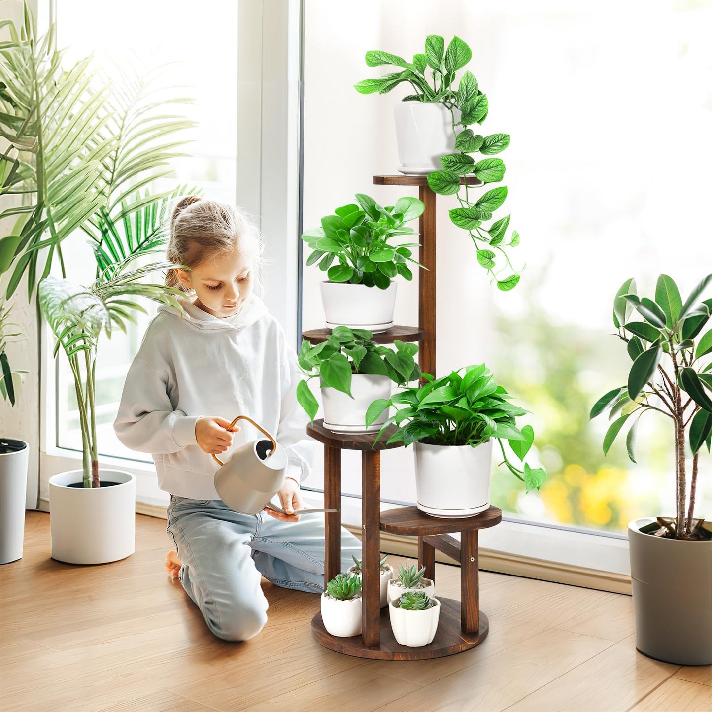 Jotboom 4 Tier Tall Plant Stand Indoor, Wood Corner Plant Shelf for Multiple Plants, Sturdy Oval Tiered Flower Pot Holder Display Rack for Living Room Balcony Patio, Carbonized Pine Wood