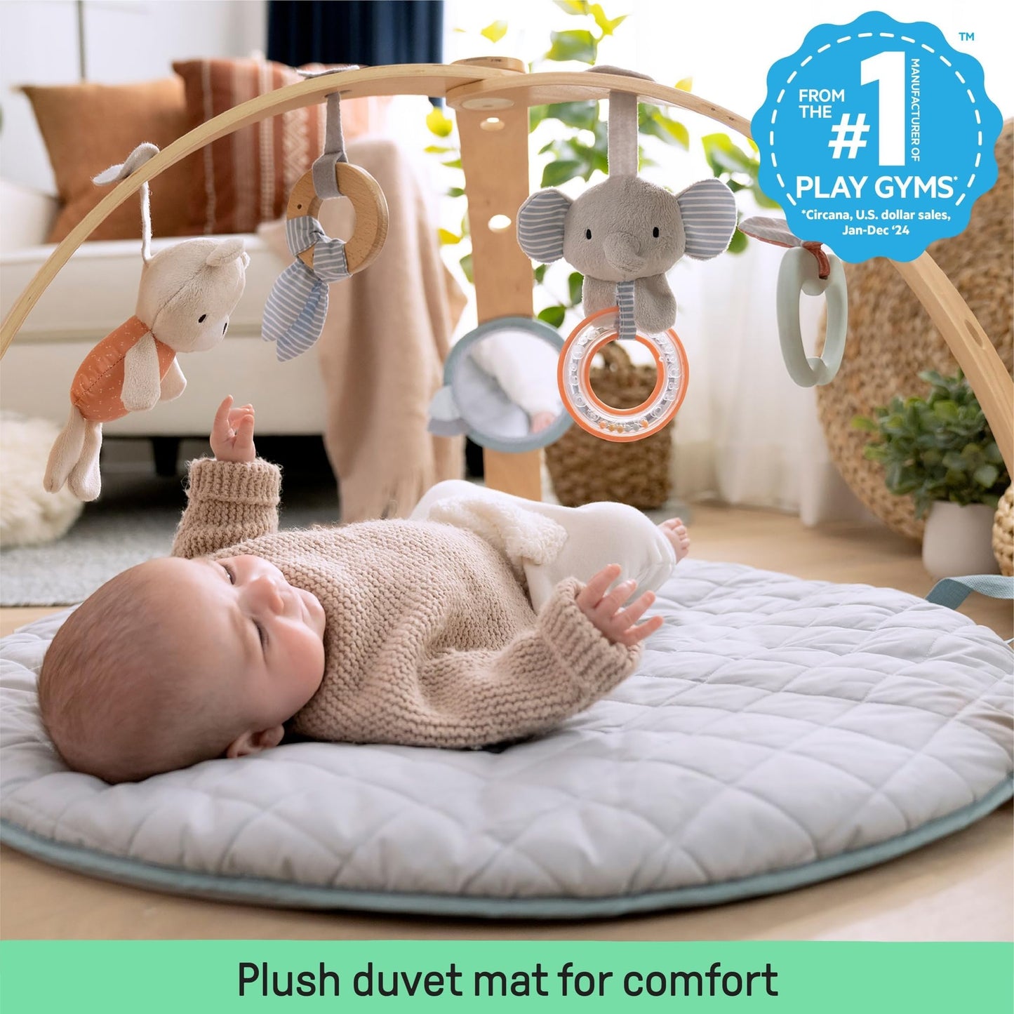 Ingenuity, Cosy Spot Reversible Duvet Activity Gym and Padded Play Mat with Wooden Removable Toy Bar, 6 Detachable Toys, Foldable for Easy Transport, Neutral Design - Loamy, Ages Newborn +