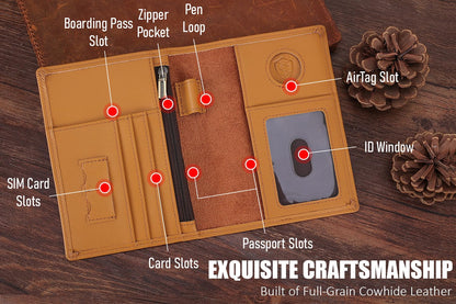 STAR VISTA Phoenix Leather Passport Holder, Calfskin Leather Travel Wallet - RFID Blocking, ID Window, Zipper Pocket, Pen & Notebook Included, AirTag Holder, Honey