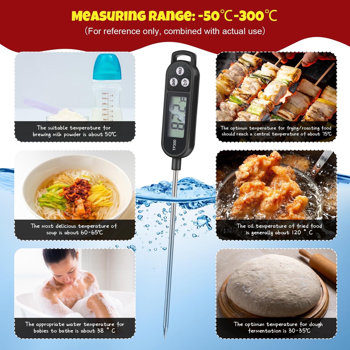 6 Pcs Instant Read Meat Thermometer with Long Probe 9.65 Inch Kitchen Cooking Food Candy Waterproof Digital Thermometer for BBQ Water Milk Yogurt Liquid (Round&Square Ring,Black,White,Red)