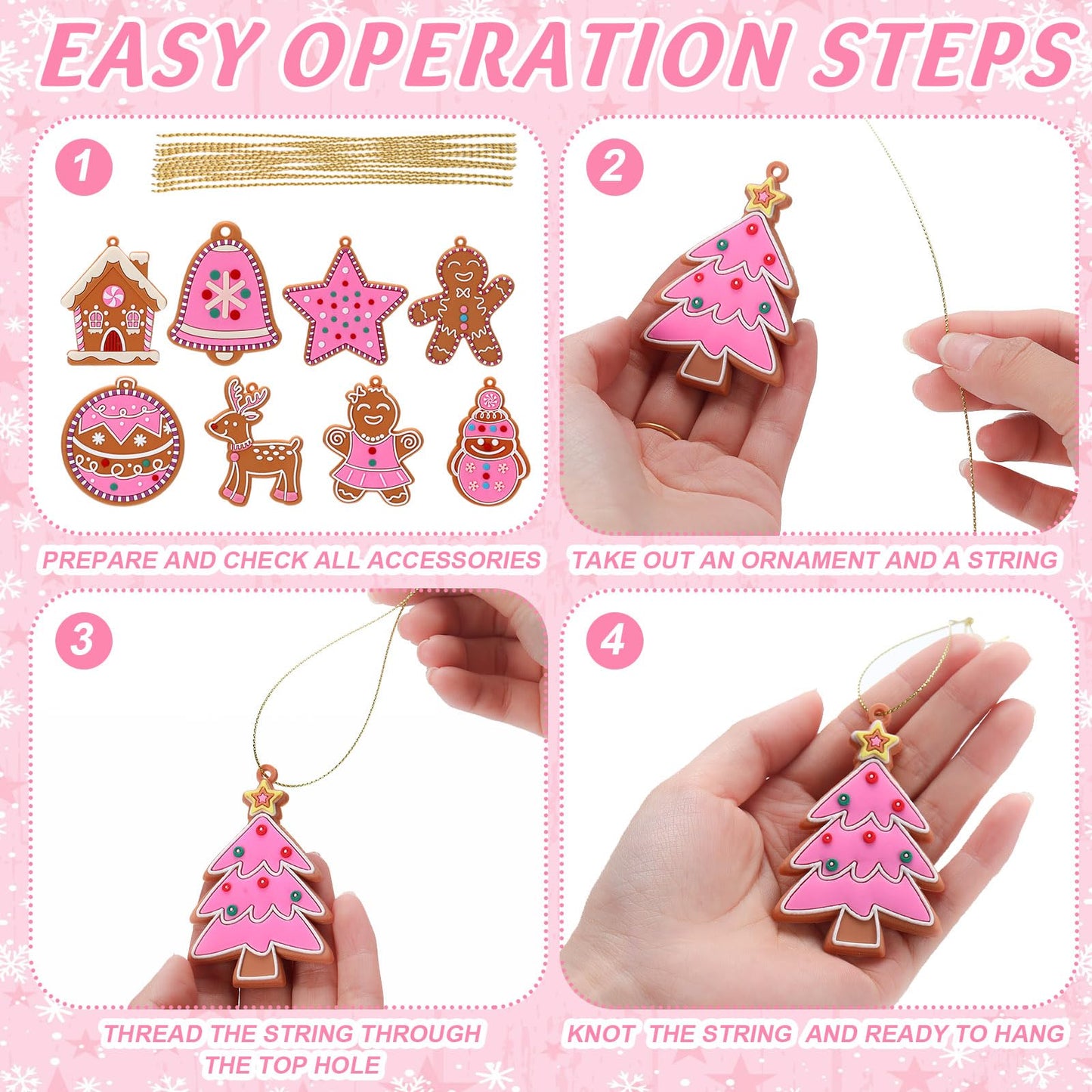 Vertintong 30 Pcs Pink Christmas Gingerbread Hanging Ornaments Pastel Gingerbread Ornaments Soft PVC Christmas Tree Wall Hanging Decoration for Xmas Party Office Home Decor Winter