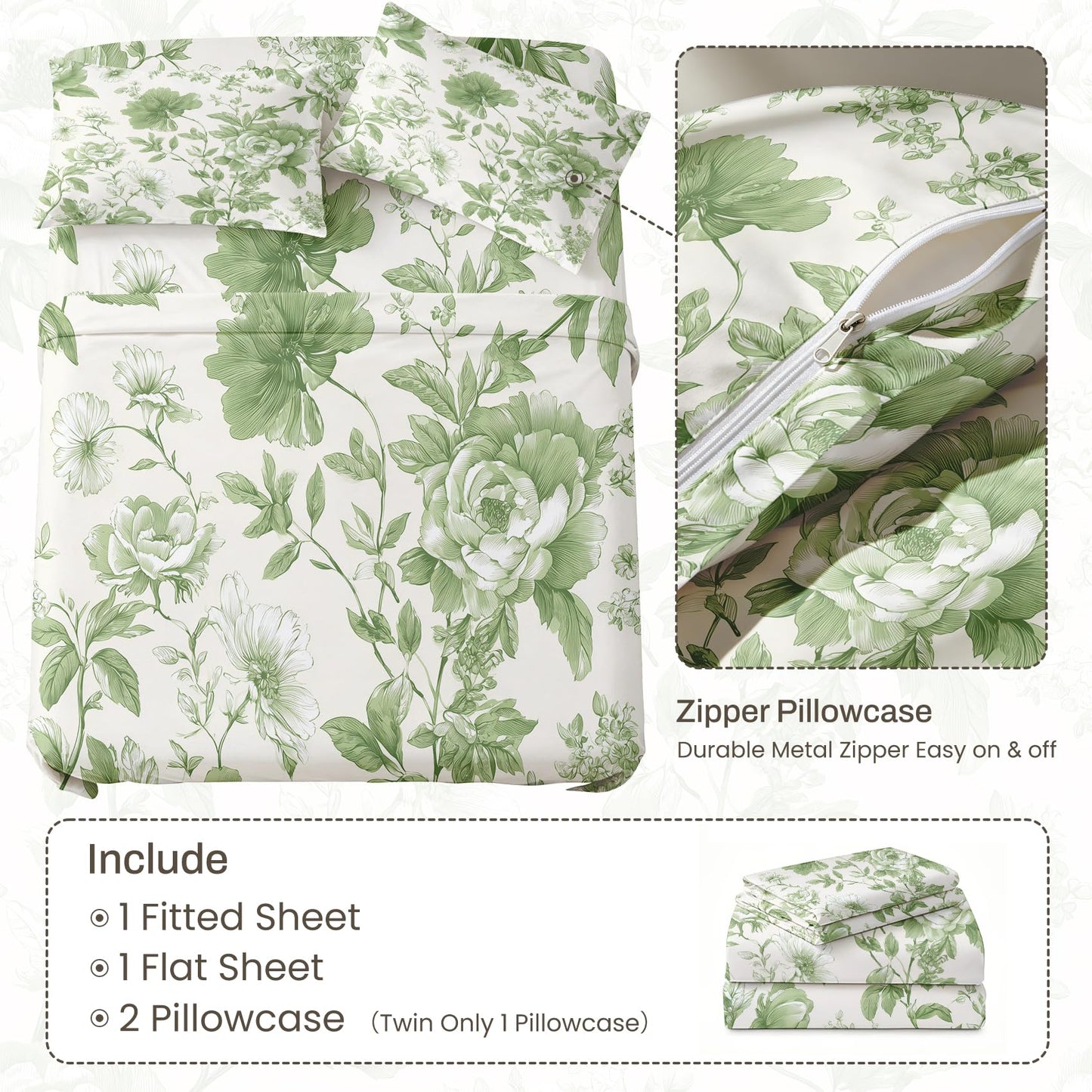 Green Floral Queen Bedding Set Farmhouse Botanical Sheet Sets