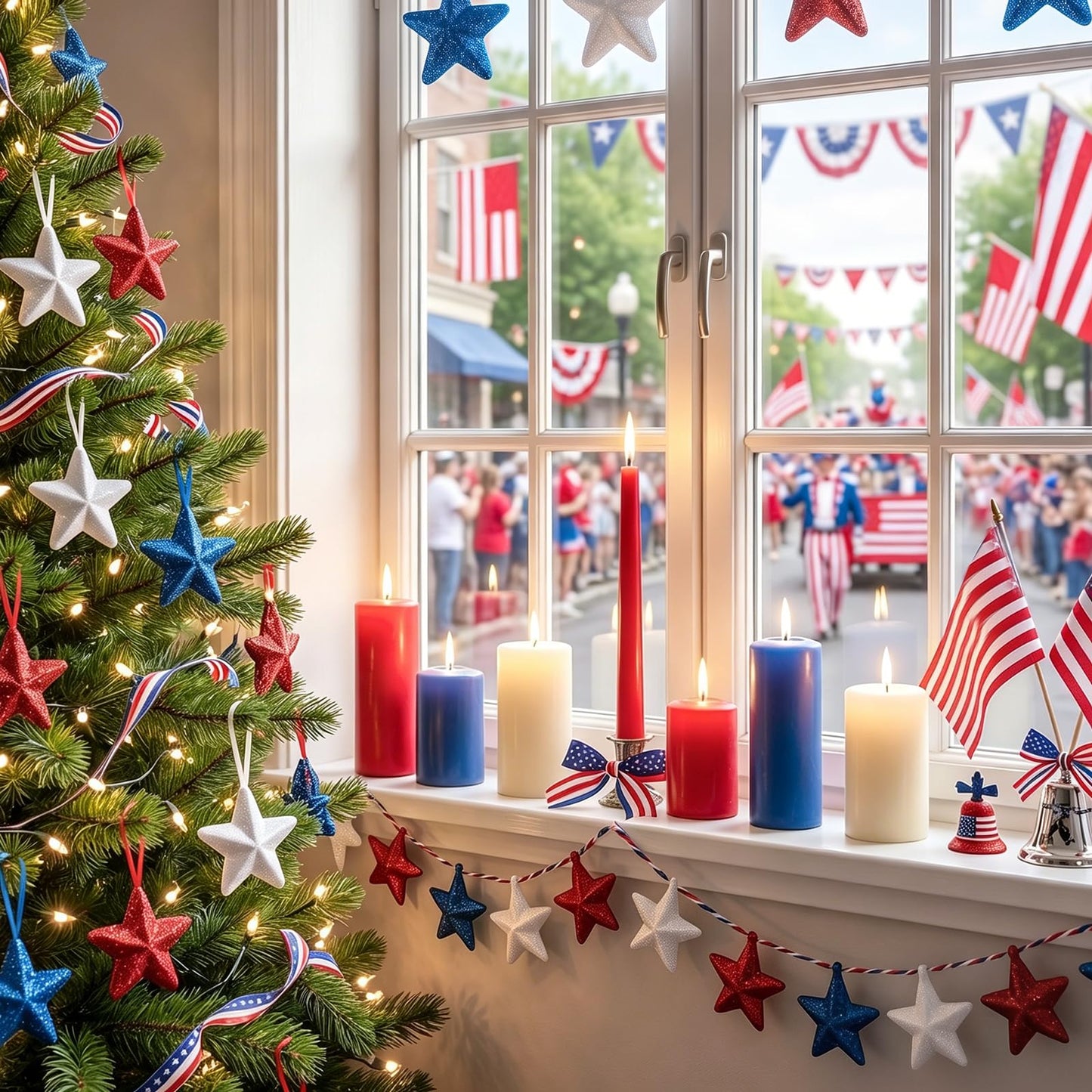 Morofme 24pcs Patriotic Star Ornaments Glitter Red White and Blue Stars to Hang Independence Day Stars Tree Decorations 250th Anniversary Star Ornaments for Home Party Veterans Day 4th of July