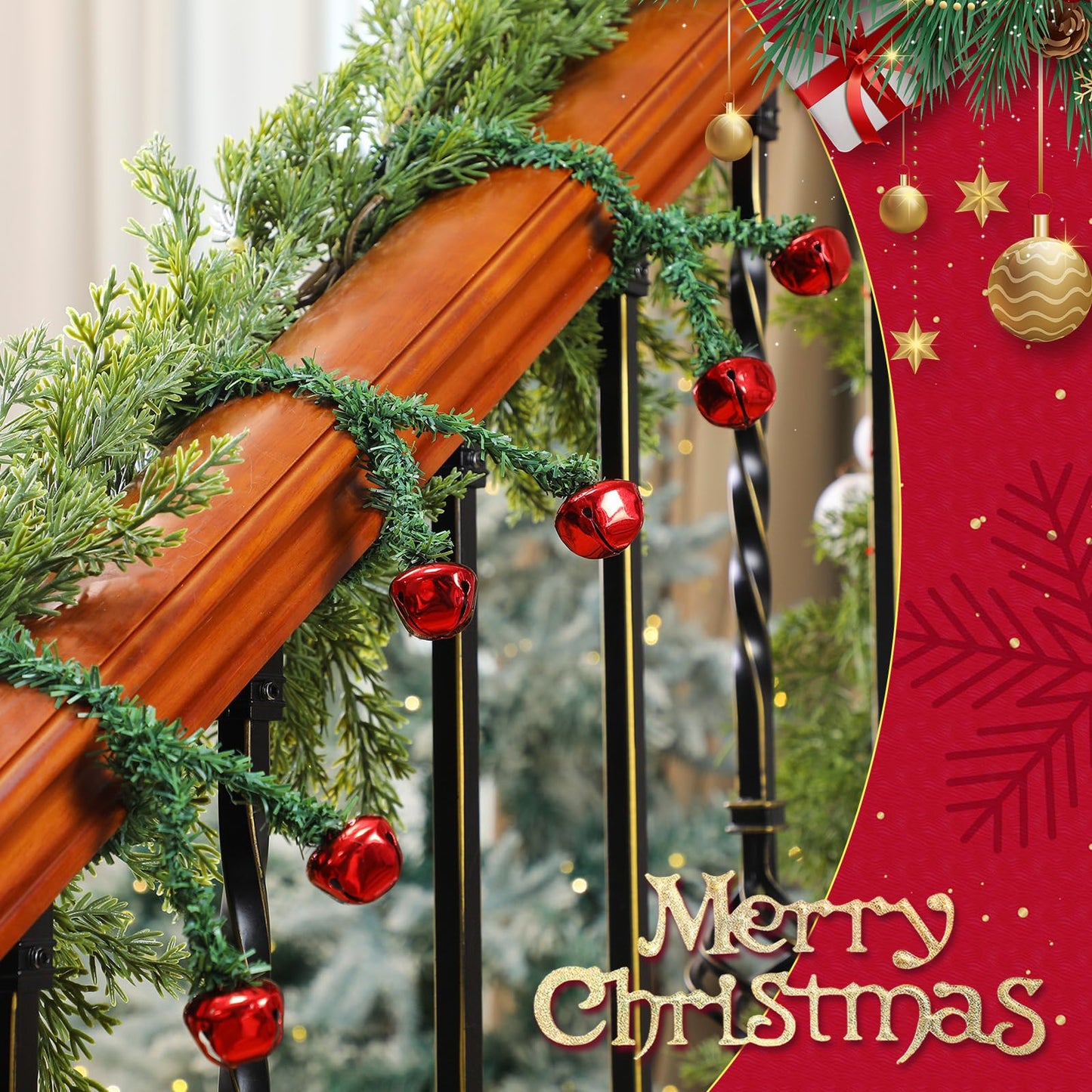 Motionchic 25 Pcs 20 Inches Christmas Garland Ties with Bells Decorative Twist Ties Garland Hanger for Banister Stairs Railing Reusable Flexible Twist for Xmas Holiday Decorations (Red)