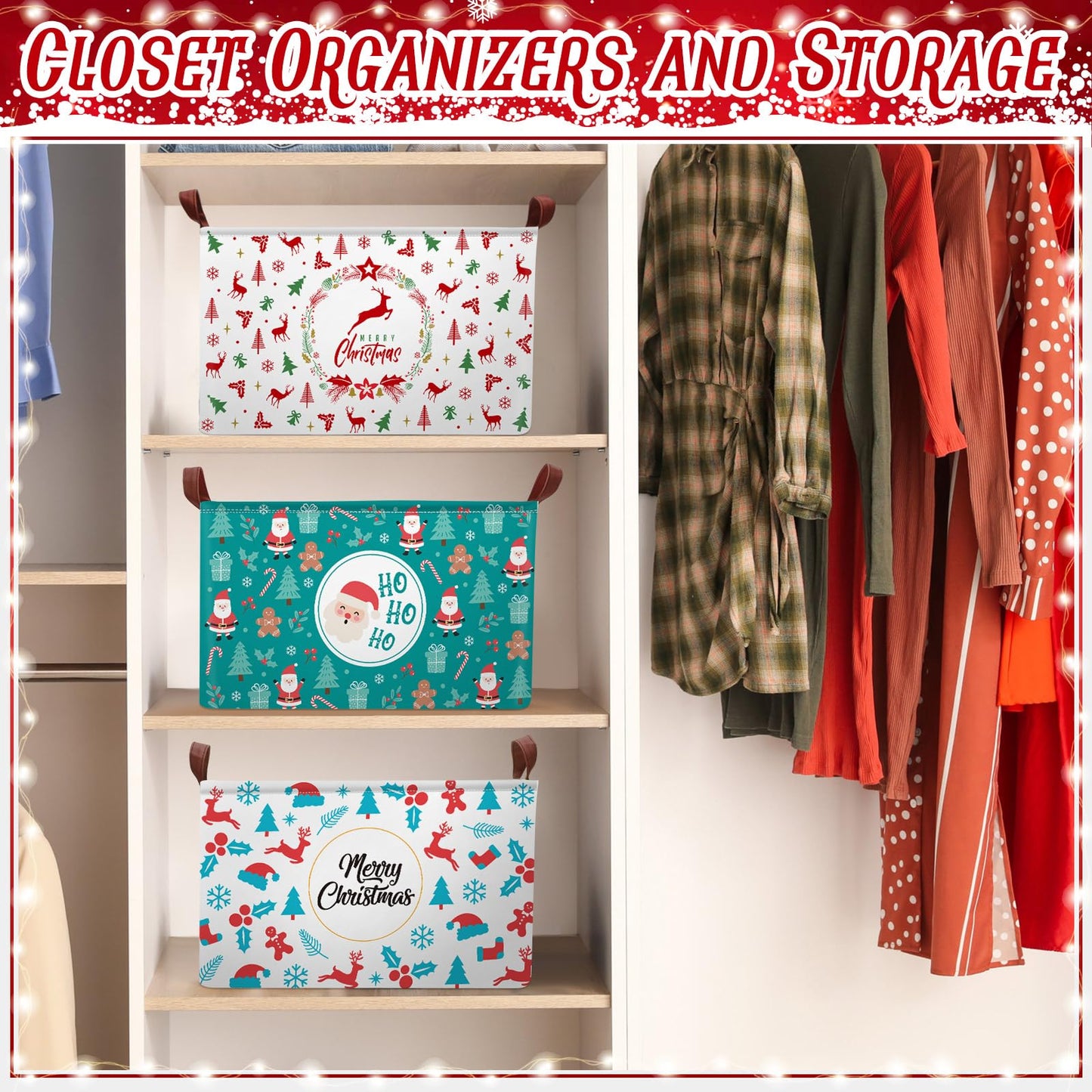 Boao 3 Pack Christmas Storage Baskets for Gifts Empty Collapsible Large Christmas Storage Bins, Xmas Canvas Laundry Basket with Handle for Office Home Bedroom Clothes Toys Holiday Decor