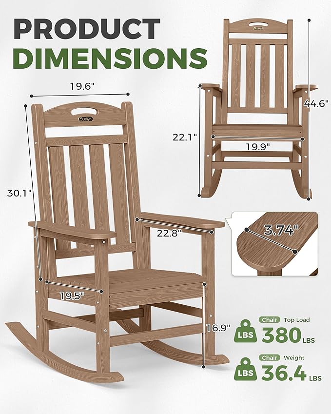 Oversized Rocking Chair Outdoor, High Back Porch Rocker Chair, HDPE All Weather Resistant Rocking Chairs for Patio, 386lbs Weight Capacity, Teak