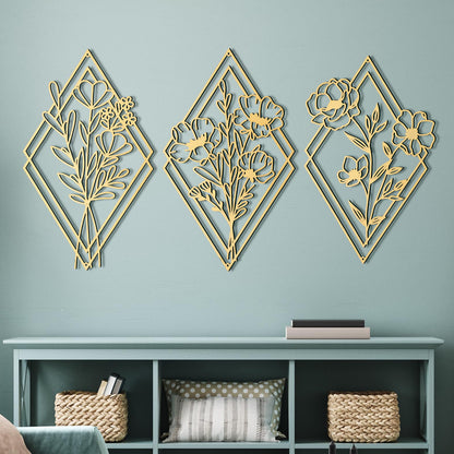 Peryiter 3 Pcs Gold Metal Flower Wall Decor Minimalist Floral Wall Art Hanging Rustic Farmhouse Art for Spring Living Room Bathroom Kitchen Outdoor
