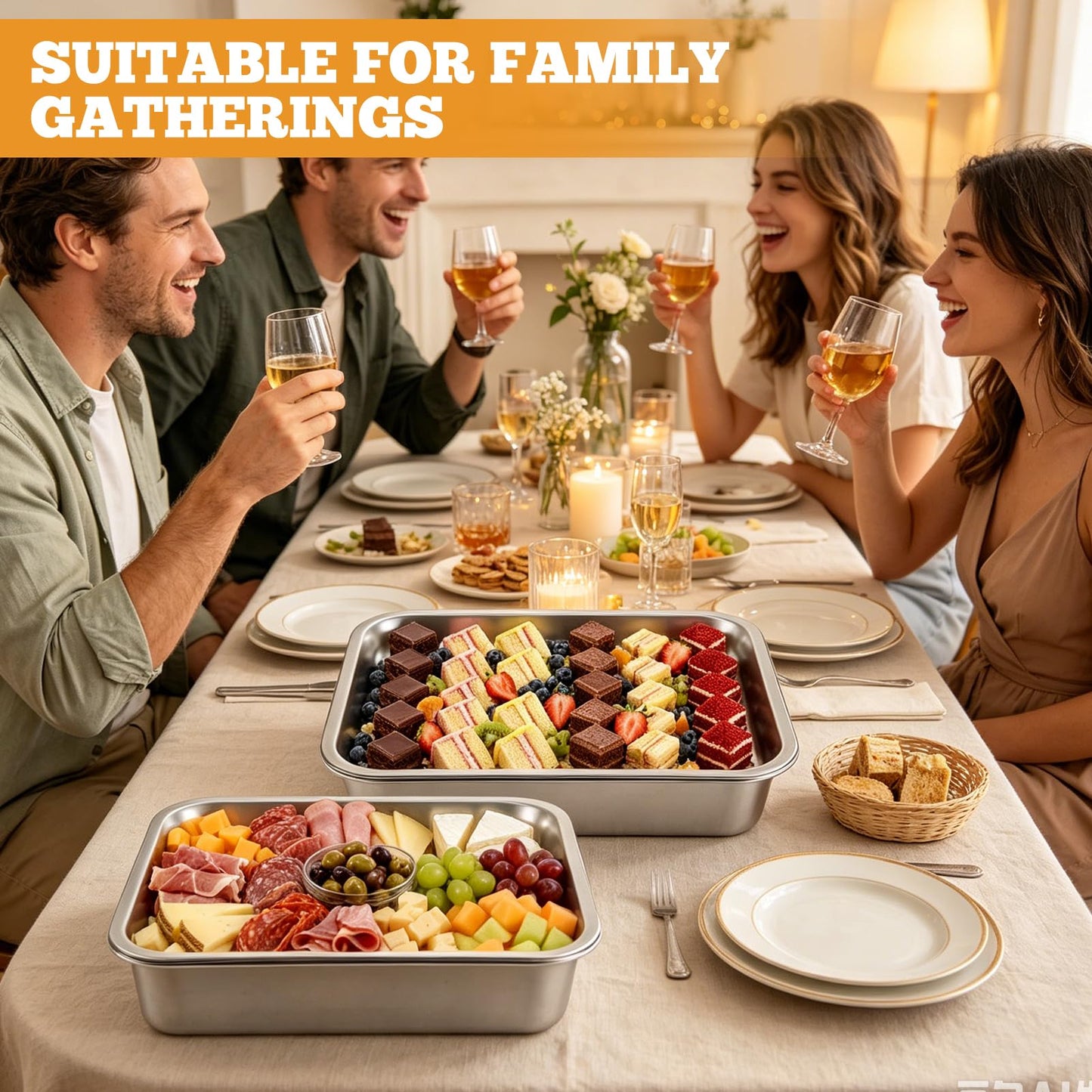 2 Set Stainless Steel Chilled Serving Tray with Compartments 15.7” x 11.8” Ice Chilled Tray Set for Parties Rectangle Veggie Platter Charcuterie Serving Board for Fruit Seafood Appetizer