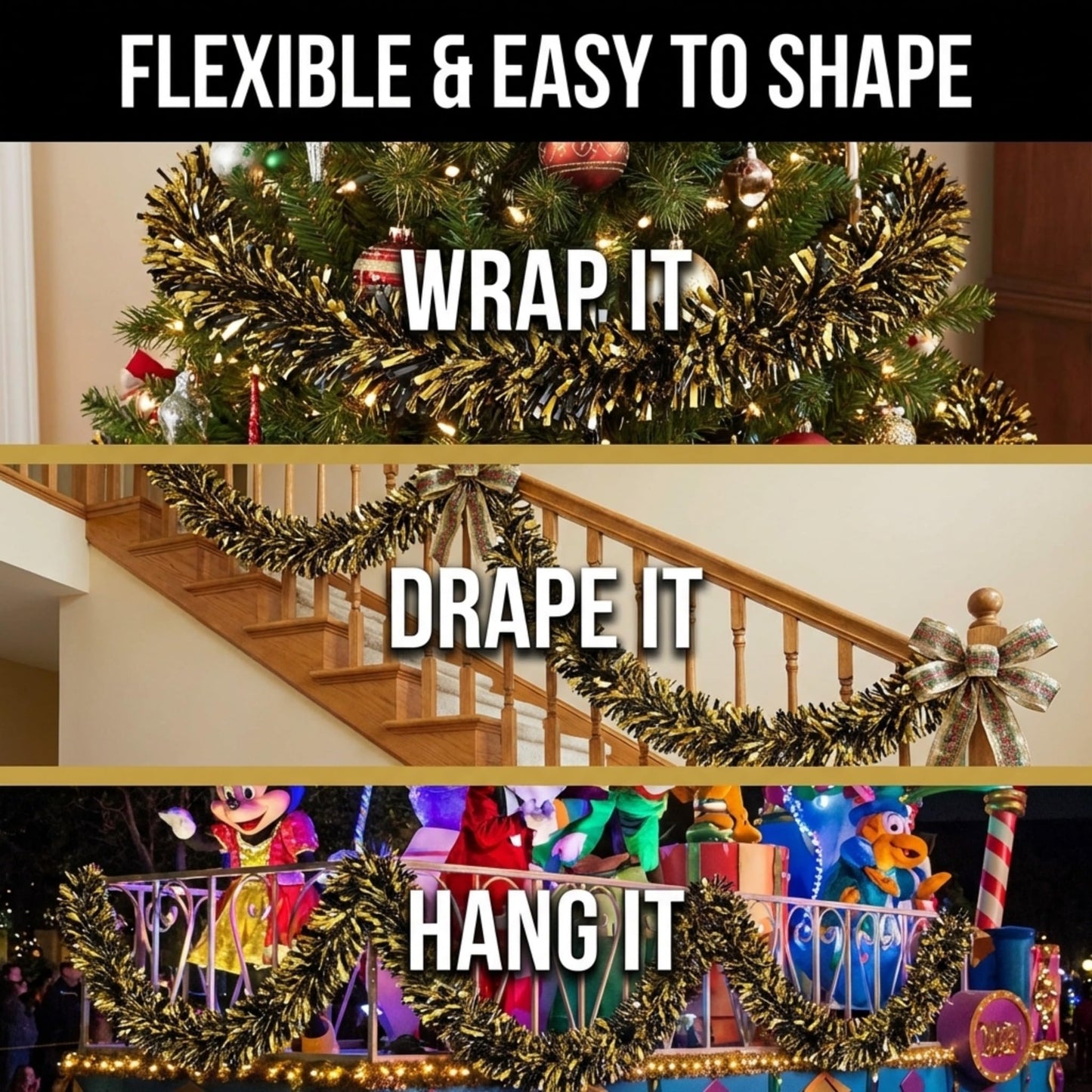 Anderson's Metallic Black & Gold Tinsel Twist Garland, 25ft Holiday Decoration, Christmas Tree Trim, Parade Float Decor, Party Supplies, Halloween, Graduation, Indoor Outdoor Event Garland