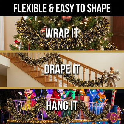Anderson's Metallic Black & Gold Tinsel Twist Garland, 25ft Holiday Decoration, Christmas Tree Trim, Parade Float Decor, Party Supplies, Halloween, Graduation, Indoor Outdoor Event Garland