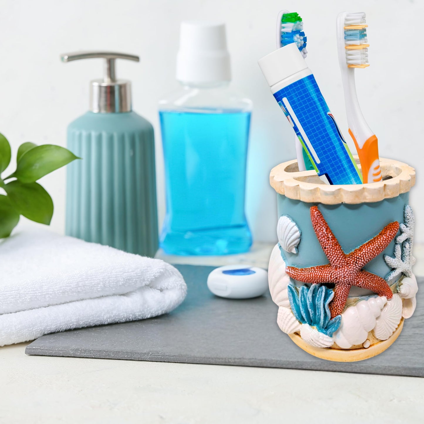 Seaside Splendor Toothbrush Holder – Beautifully Detailed 3D Ocean Elements, Seashells, Starfish, Premium Resin for Coastal Bathrooms, Guest Baths, Beach-Themed Décor, and Nautical Home Accessories