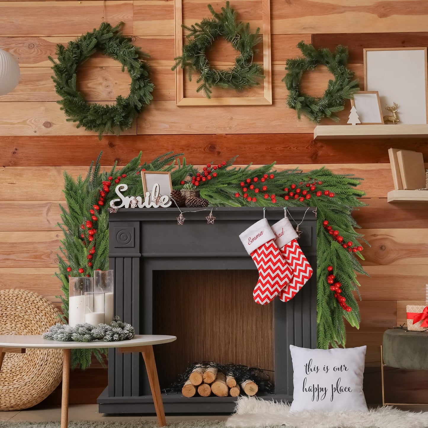 Christmas Norfolk Pine Garland,Real Touch Faux Winter Greenery Garland with Light for Stairs Table Fireplace Backdrop Wall,Christmas Holiday Seasonal Winter Decor (9ft)