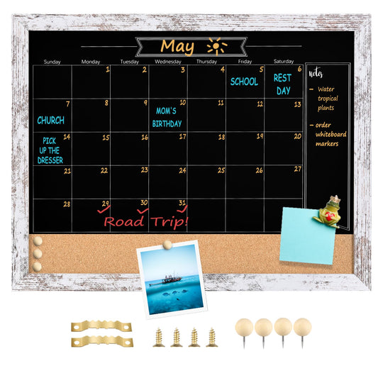 TORASO Magnetic Chalkboard Calendar Corkboard, Small Combination Chalk Board Bulletin Board, 13" x 17", Vintage White Framed Blackboard Calendar Cork Combo Board(ZHHB-Wood WH-3343)