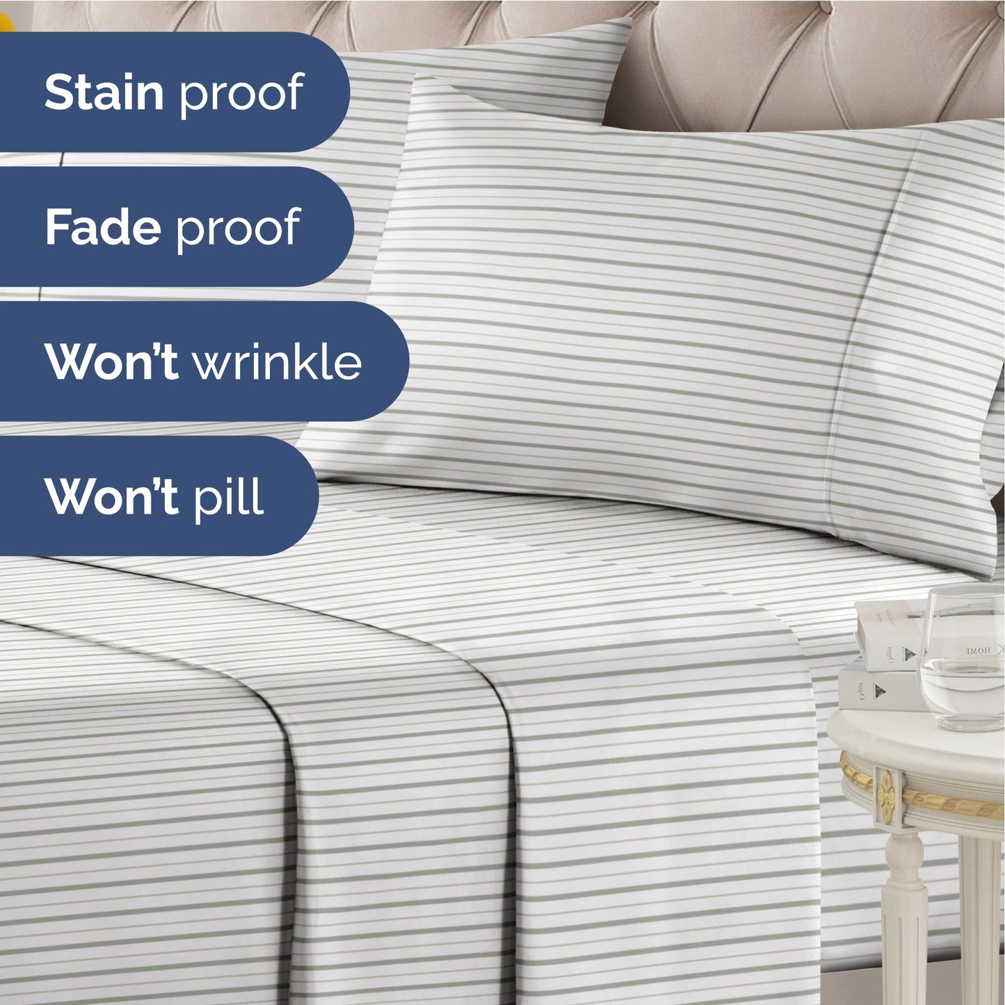 Striped Sheets - Light Grey & White Striped Sheets - 1 Flat & 1 Fitted & 2 Pillowcases w/ Deep Pockets – Wrinkle & Fade Free - Soft, Breathable & Cooling – Luxury Pinstripe Bedding - King Size Bed Set