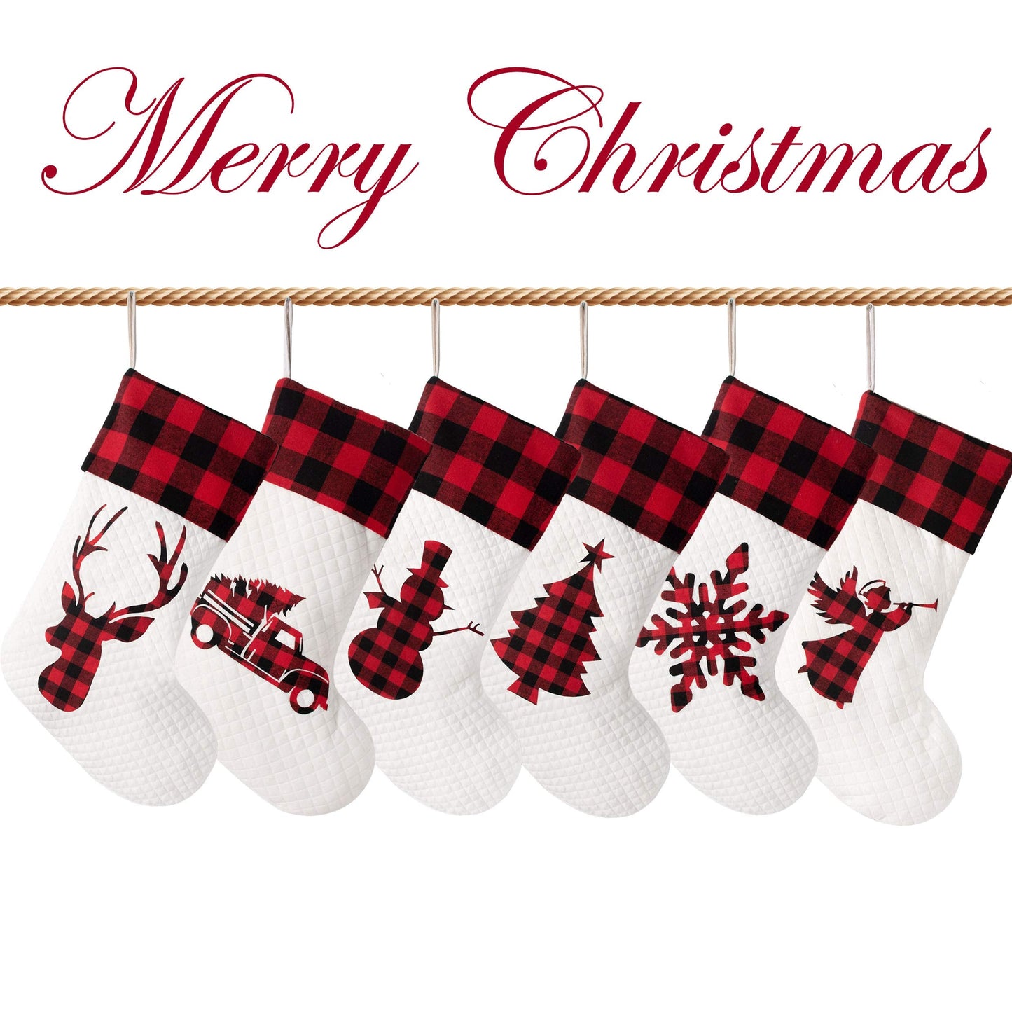 LUBOT Set of 6 Christmas Stocking(20inch) Silhouette Buffalo Red Plaid/Rustic/Farmhouse/Country Cotton Fireplace Hanging Xmas Stockings Decorations for Family Holiday Season Decor