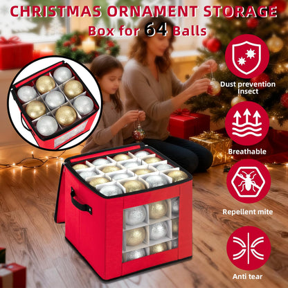 DIMESHY Christmas Ornament Storage Box With Adjustable Dividers,Ornament Storage Container with Two Handles for 64Holiday Decorations,Red