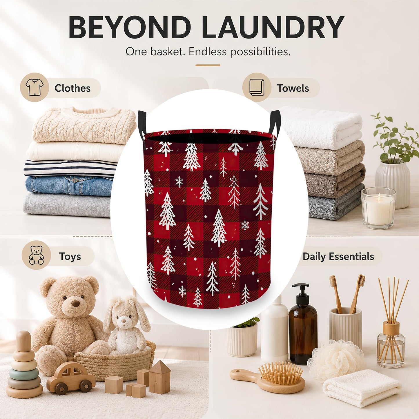 Christmas Tree Laundry Basket, Foldable Oxford Cloth Snowflake Plaid Laundry Hamper with Handles, Tote Bag Clothes Storage Bucket for Laundry Room/Bathroom/Bedroom/Dormitories 20.8"x16"