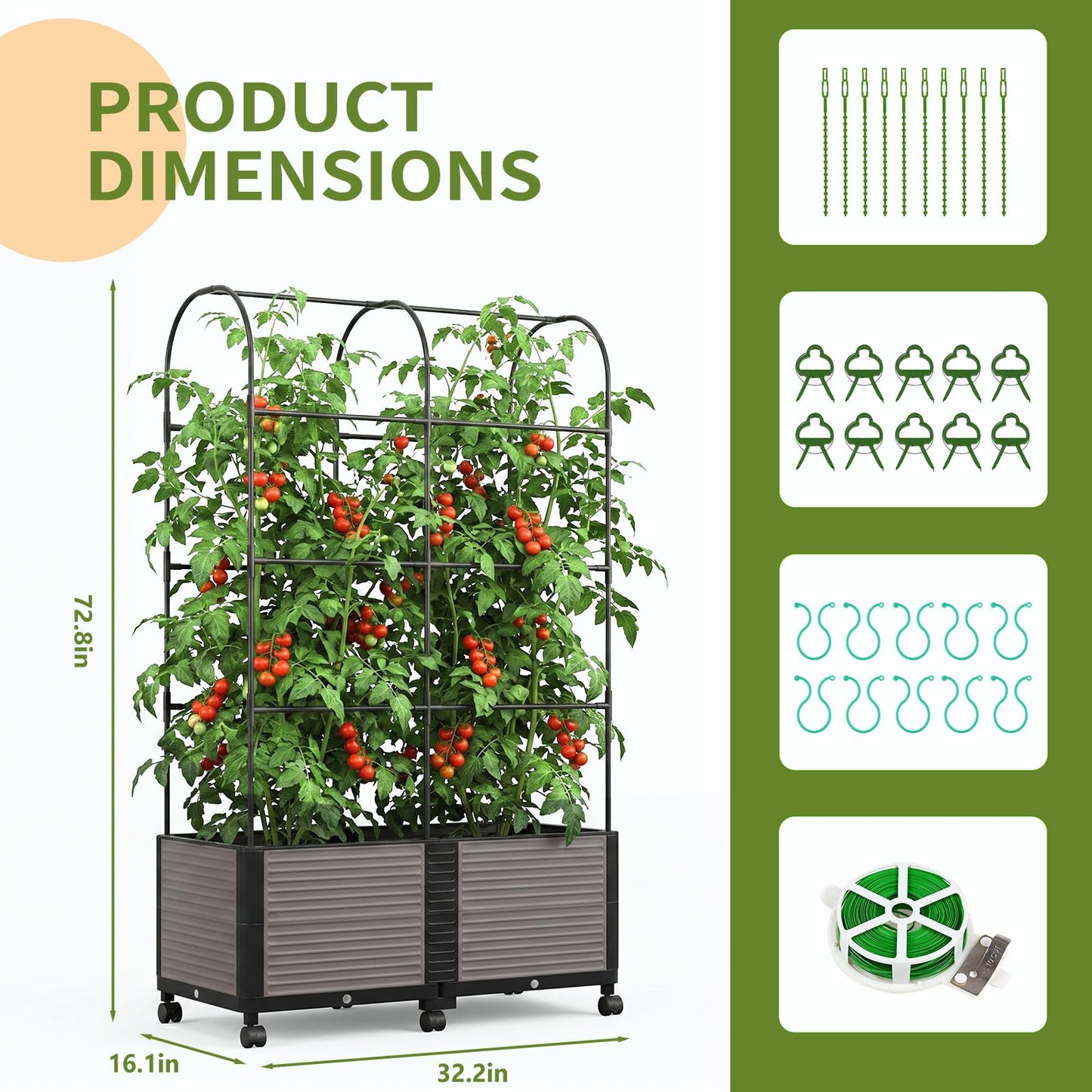 UrGROWA Raised Garden Bed Planter Box with Trellis, 72.8'' Tomato Planters for Climbing Plants Vegetable Vine Flowers Outdoor Patio Tomato Cage, Self Watering Planter with Wheels