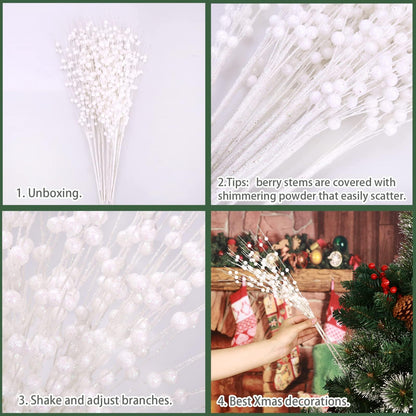 Megoogo 12 PCS Artificial Glitter Berry, White Christmas Glitter Picks Artificial Berries Stems for Christmas Ornaments Fake Sticks for Vases Tall DIY Wreath Home Decor (15.8’’)