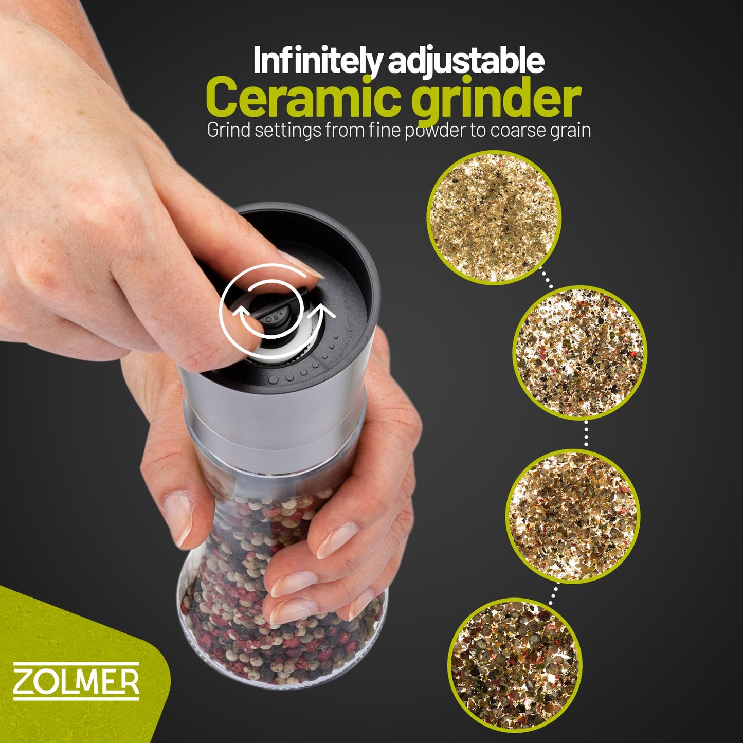 ZOLMER® Premium Stainless Steel Salt and Pepper Grinder Set manual | Adjustable Ceramic Grinder for Salt and Pepper, Chili and more - Big Silver [No Spices Included]