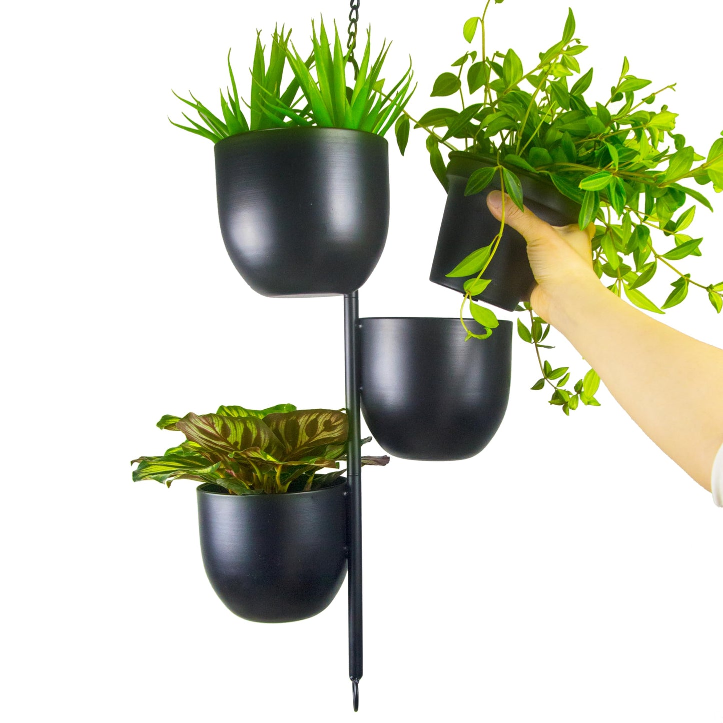 HemePaha 3-Tier Metal Hanging Planter with 6 Inch Oval Pots - Black Modern Triple Tiered Plant Hanger - Vertical Stackable Wall and Ceiling Mount Holder for Indoor and Houseplants